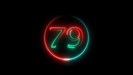 Abstract glowing neon 79 number background 4k illustration.