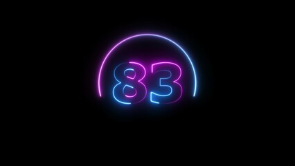 Abstract glowing neon 83 number background 4k illustration.