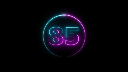 Abstract glowing neon 85 number background 4k illustration.