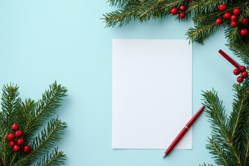 A sheet of white paper with a pencil surrounded by pine branches and red berries. Christmas frame with light blue background and copy space.