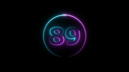 Abstract glowing neon 89 number background 4k illustration.