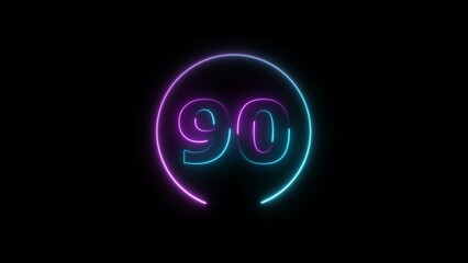Abstract glowing neon 90 number background 4k illustration.