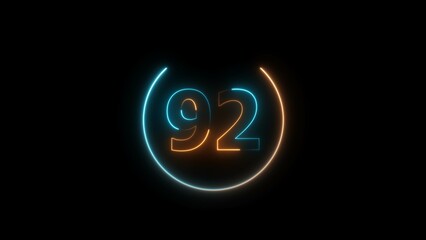 Abstract glowing neon 92 number background 4k illustration.