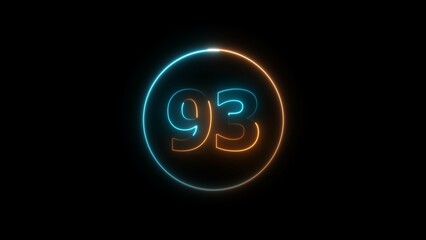 Abstract glowing neon 93 number background 4k illustration.