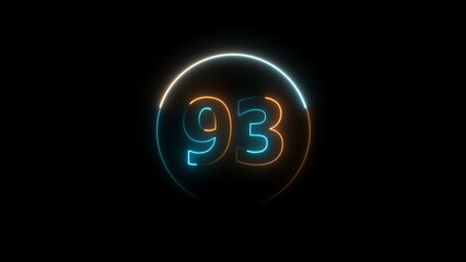 Abstract glowing neon 93 number background 4k illustration.