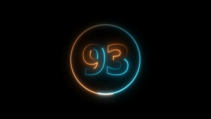 Abstract glowing neon 93 number background 4k illustration.