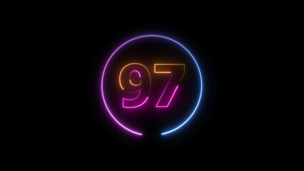Abstract glowing neon 97 number background 4k illustration.