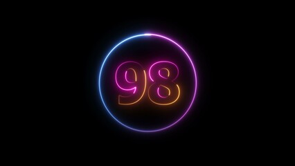 Abstract glowing neon 98 number background 4k illustration.