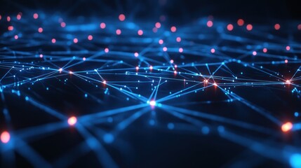 Obraz premium A digital network visualization with interconnected nodes and lines in blue and red hues.