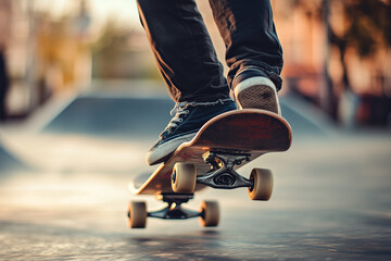 Fototapeta premium Close up shot skate board with skater leg on the street, Selective focus leg level with man stand on skate board, Teenager wearing sneaker playing skate board.