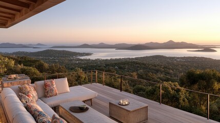 Fototapeta premium A stylish lounge on a villa deck showcases colorful cushions and panoramic ocean views during the enchanting golden hour light.