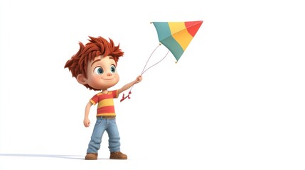 A cheerful animated boy flying a colorful kite in a bright, simple background.