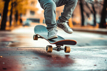 Close up shot skate board with skater leg on the street, Selective focus leg level with man stand on skate board, Teenager wearing sneaker playing skate board.