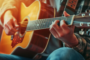 Obraz premium Selective focus guitarist hand with chord grip on acoustic guitar, Close up shot musician with string instrument.