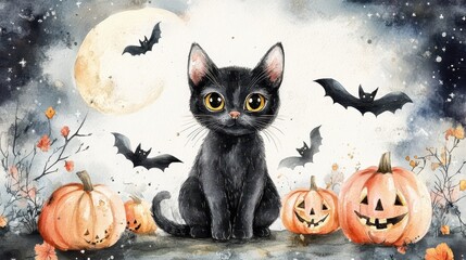 Whimsical Halloween Night with Black Cats, Pumpkins, Bats in Watercolor