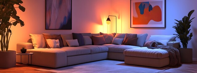 Cozy and inviting modern living room with a large comfortable sectional sofa and minimalist stylish decor featuring warm lighting plush throw blankets abstract artwork and potted plants