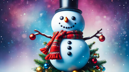 snowman on a New Year's background. New Year 2025. Festive decor. New Year holiday concept.
