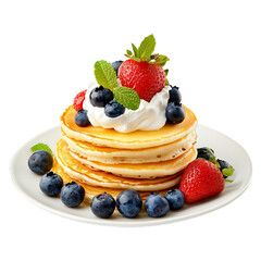 A tall stack of pancakes with raspberries, blueberries, a drizzle of syrup on a transparent background