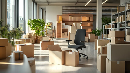 Fototapeta premium Corporate Relocation: Packing and Unpacking Furniture and Belongings in New Office Space