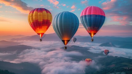 Fototapeta premium Colorful hot air balloons flying over the clouds at sunrise