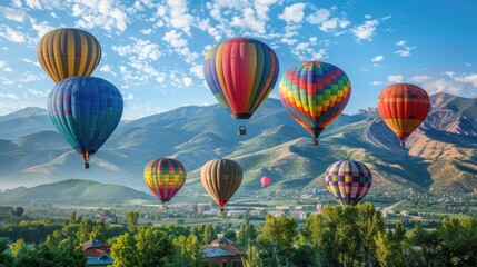 Fototapeta premium Colorful hot air balloons floating over a mountain valley