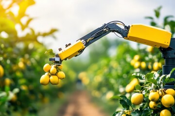 a robot picking lemons from a field