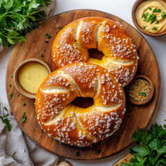 freshly baked pretzel, golden brown and sprinkled with coarse salt, served on a rustic wooden board. Include dipping sauces like mustard and cheese, surrounded by a cozy