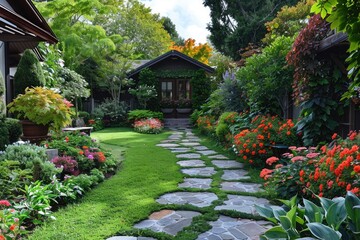 Obraz premium Stone pathway leading through lush garden surrounded by flowers
