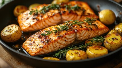 Two salmon fillets being cooked and seasoned with herbs in a pan