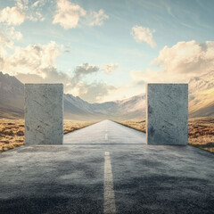 A road with a large barrier in the middle preventing further progress The background shows a vast landscape symbolizing blocked opportunities obstacles in life or business and challenges that must be