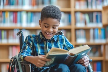 Smiling boy is enjoying a good book in the school library