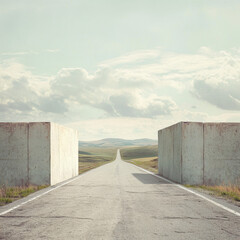A road with a large barrier in the middle preventing further progress The background shows a vast landscape symbolizing blocked opportunities obstacles in life or business and challenges that must be