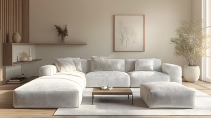 Cozy and inviting modern living room with a large comfortable sectional sofa and minimalist stylish decor serene and calming pale neutrals plush velvet and boucle abundant natural light