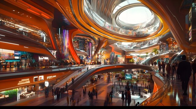 Cyber Monday at a Hyper Advanced E Commerce Hub with Sentient Retail Guides Immersive Virtual Showrooms and Consumer Electronics in a Vivid Glossy