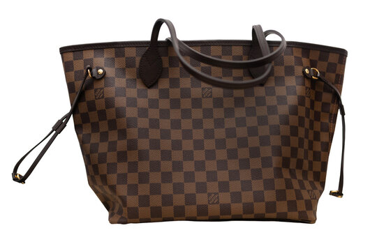 Damier Ebene Neverfull Louis Vuitton handbag on white background