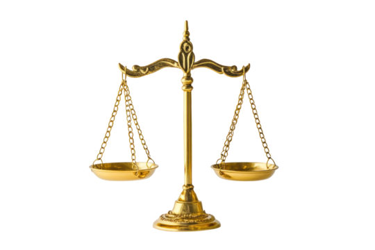 A golden scale of justice with ornate details, representing justice, balance, and equality.