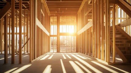 Interior of a wooden-framed building under construction with sunlight streaming in.