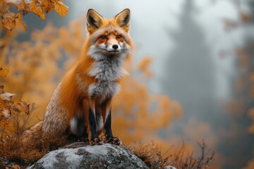 Obraz premium Red fox sitting on rock in autumn forest