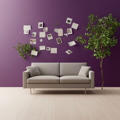 a purple wall with a couch and a tree