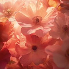 Close-up of blooming flowers in various shades of Sunset Coral, softly illuminated by gentle sunlight. The petals should shimmer, evoking a sense of joy and rejuvenation