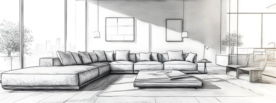 Cozy and inviting modern living room with a large comfortable sectional sofa and minimalist stylish decor the bright accents and clean uncluttered design evoking a sense of tranquility