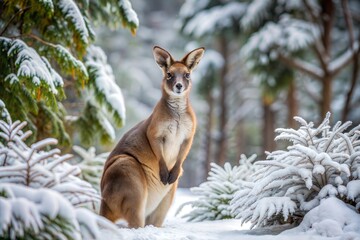 Naklejka premium Kangaroo in snowy forest with bright eyes