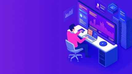 Obraz premium A man analyzing data on a laptop with graphs and charts on the screen.