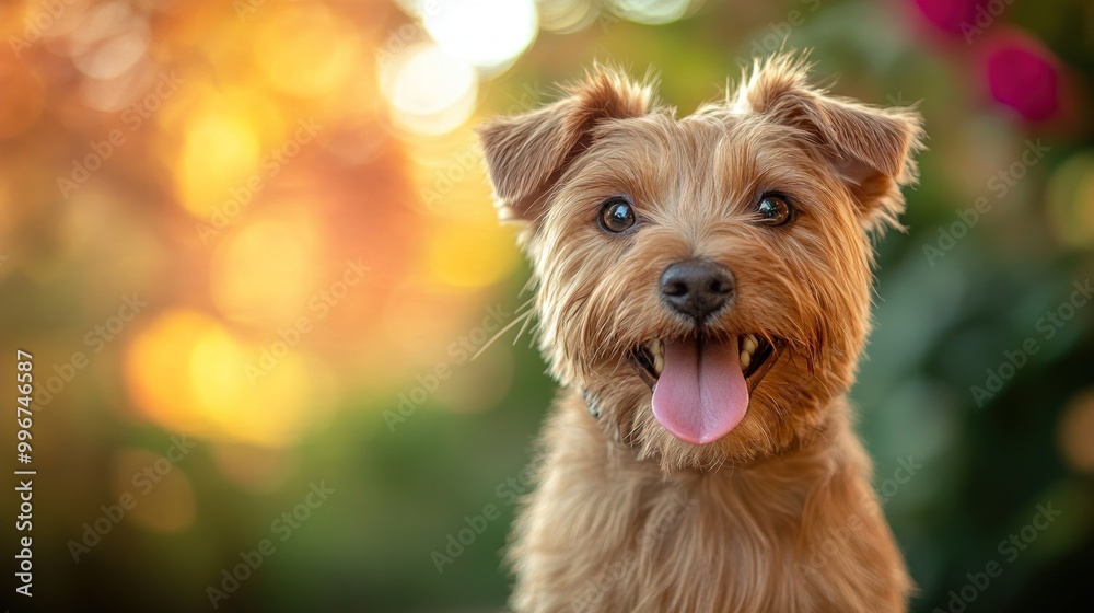 Sticker A cheerful dog with a playful expression against a blurred natural background.