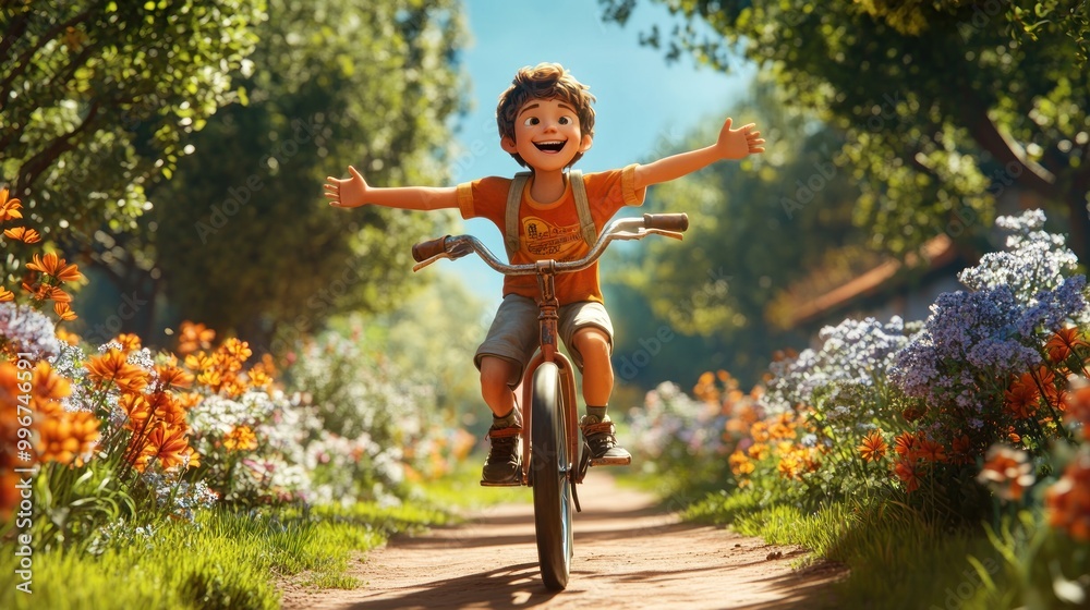 Poster A joyful child riding a bicycle through a vibrant flower-lined path on a sunny day.