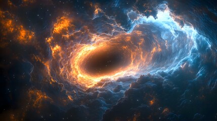 spiral nebula in space with a luminous event horizon and a rotating accretion disk that attracts light and matter