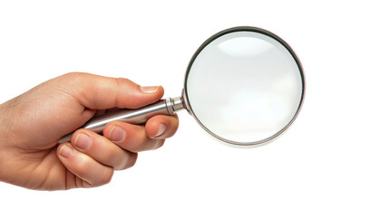 A close-up image of a hand holding a magnifying glass with a white background.