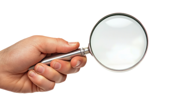 A close-up image of a hand holding a magnifying glass with a white background.