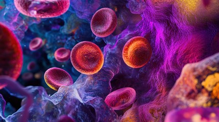 Abstract representation of blood cells in a vibrant, colorful microscopic environment.