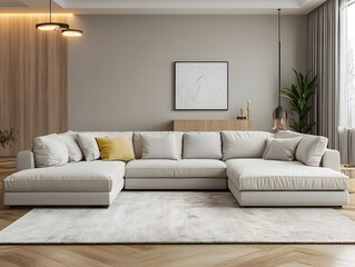 Fototapeta premium Cozy and inviting modern living room with a large comfortable sectional sofa and minimalist stylish decor The bright color accents and natural wood tones bring a warm and welcoming atmosphere